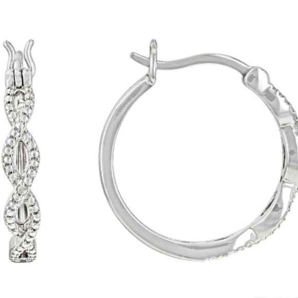 White Diamond 0.02 ctw Accent Rhodium Over Sterling Silver Hoop Earrings - Picture 1 of 4